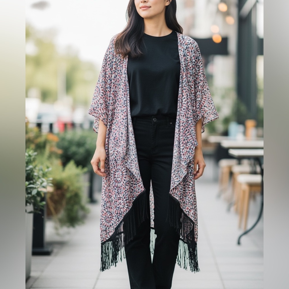 NEW•L•MONROE•Black Fringe Rare Print Beachy Kimono